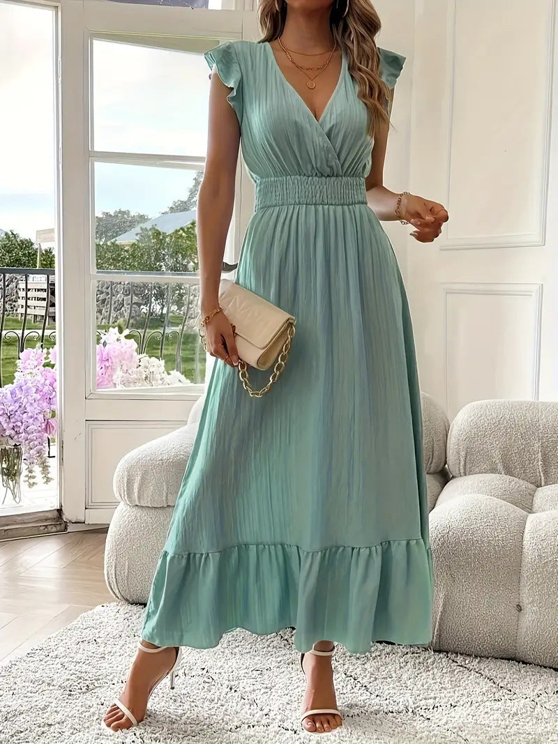 Ruffle sleeve maxi dress shown as an example of arm coverage without bulk