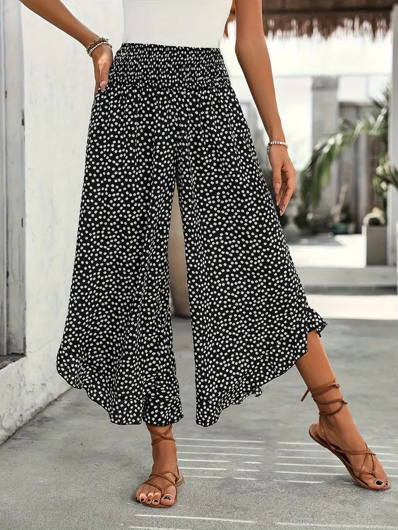 Dotted wide leg pants for women shown with a high rise and full-length hem