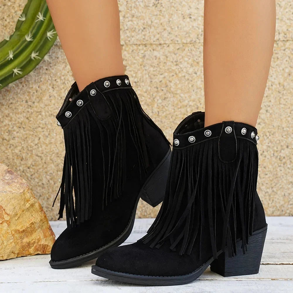 Margo & Main – black studded fringe western ankle boots, front view, US women's sizes