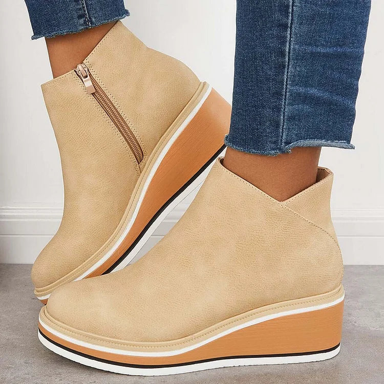 Margo & Main – Beige wedge platform ankle boots worn, V-cut front topline, US women's sizes