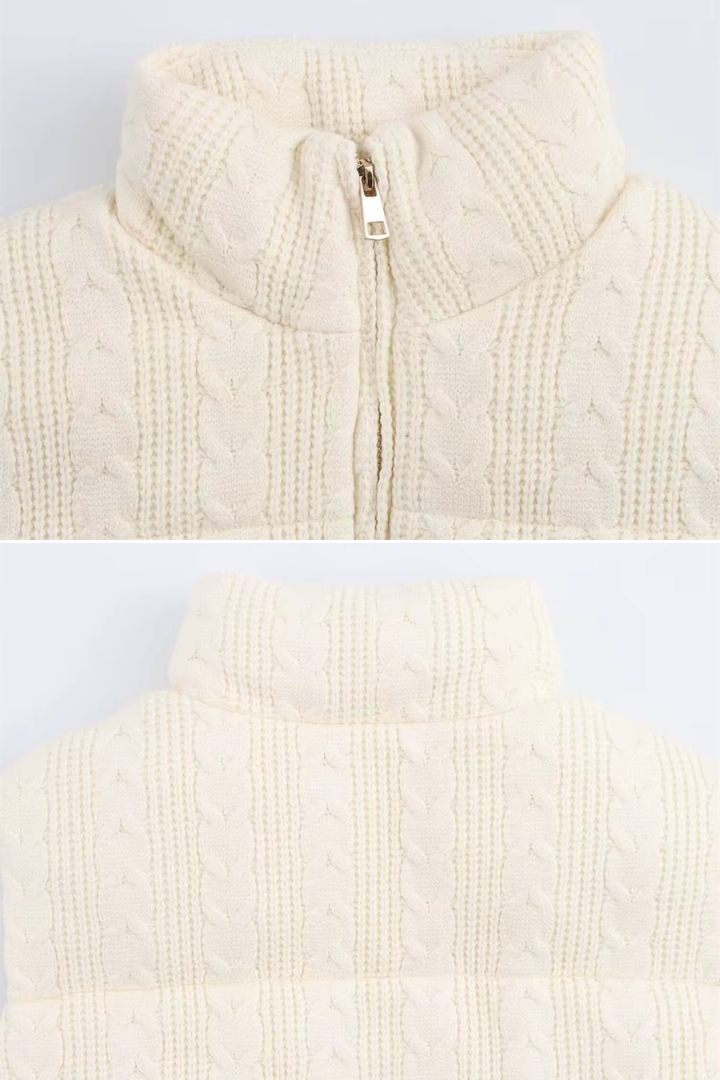 Margo & Main – Vigdis cream cable-knit quilted puffer vest, close-up of funnel neck collar and front zip, US women's sizes