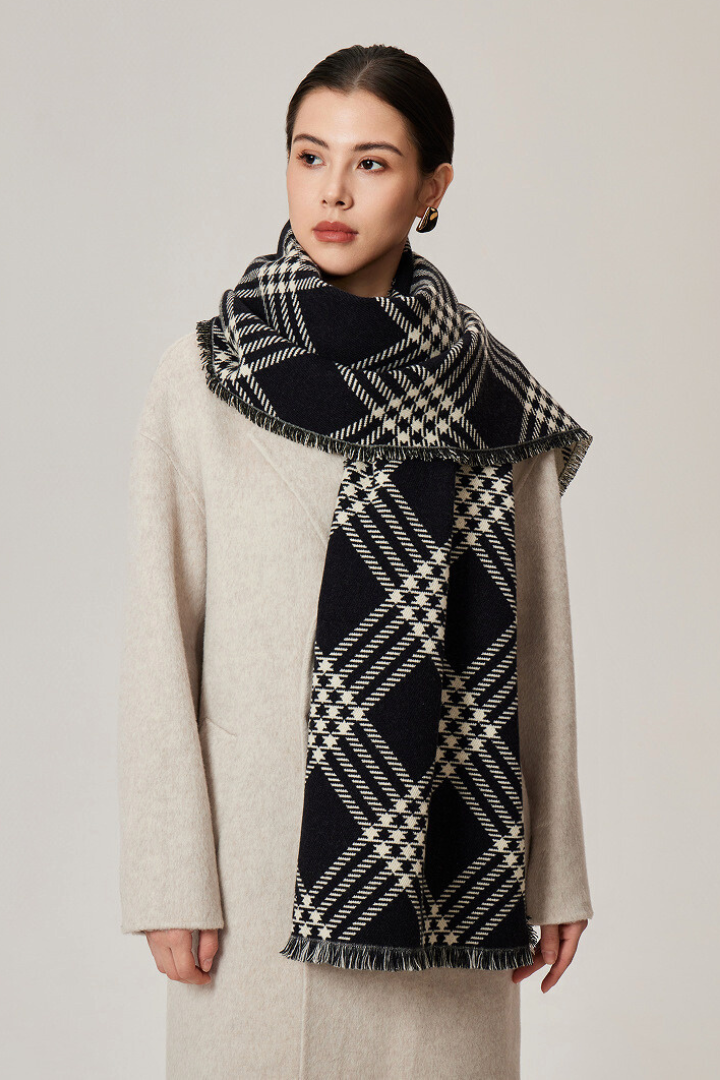 Margo & Main - black and cream plaid wrap scarf for women, three-quarter view, one size