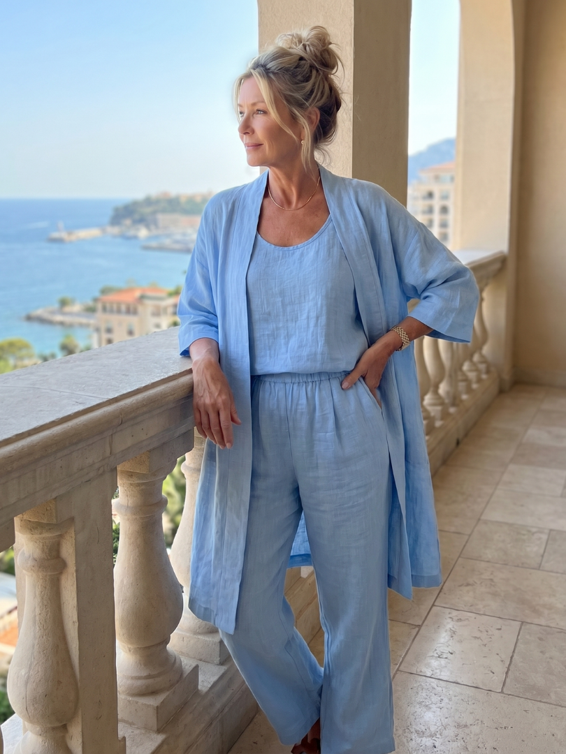 Margo & Main – Yael blue duster pant set worn by a balustrade, relaxed fit, US women's sizes