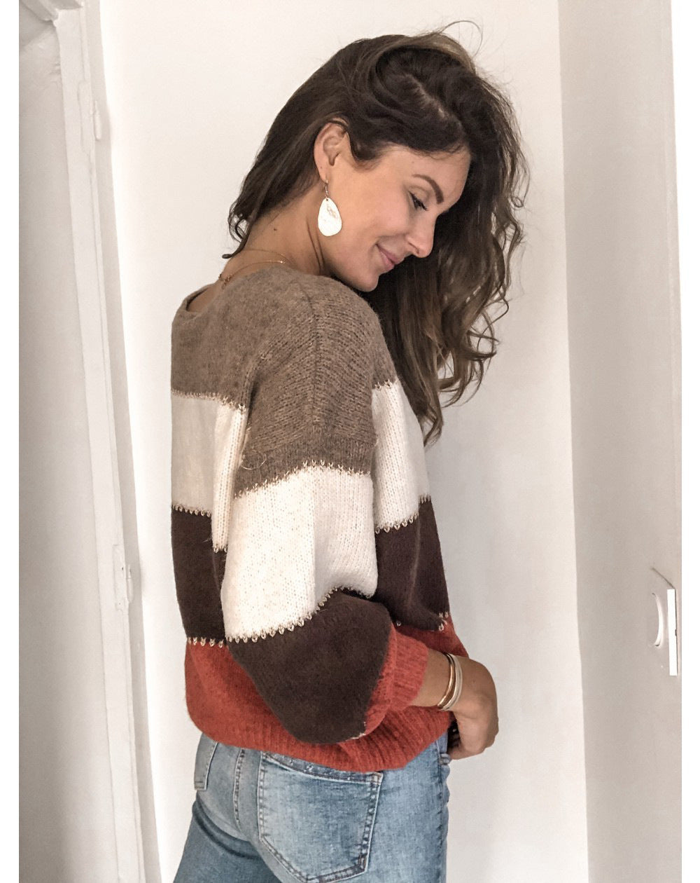 Margo & Main – color block crew neck sweater, back view, US women's sizes
