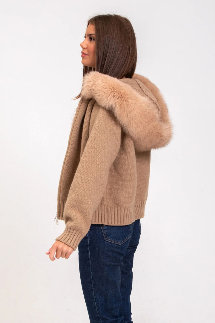 Margo & Main – camel knit bomber jacket side view showing dropped shoulder, US women's sizes