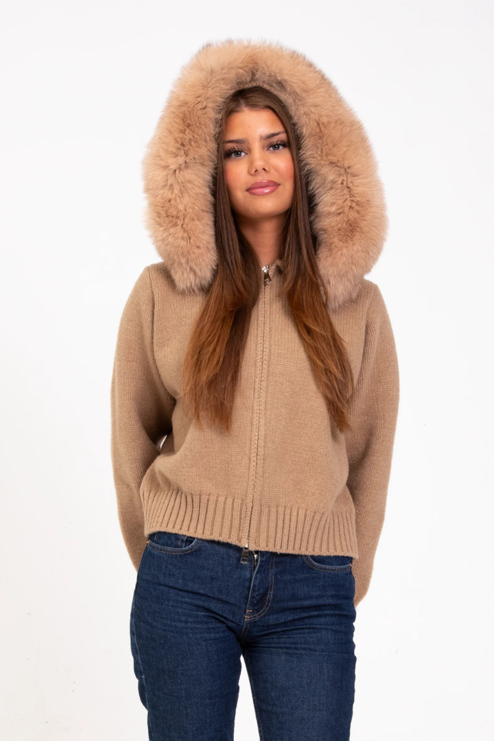 Margo & Main – camel knit bomber jacket front view with the fur hood up, US women's sizes