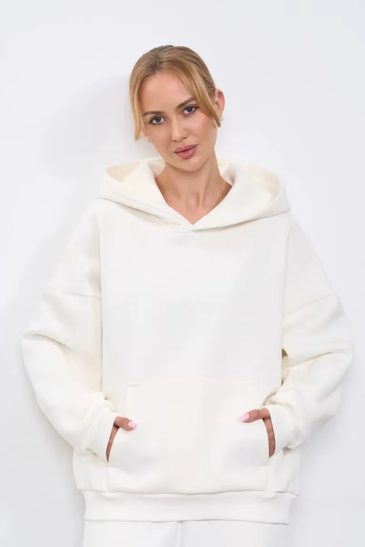 Margo & Main – ivory oversized hooded fleece sweatshirt fabric and texture detail, US women's sizes