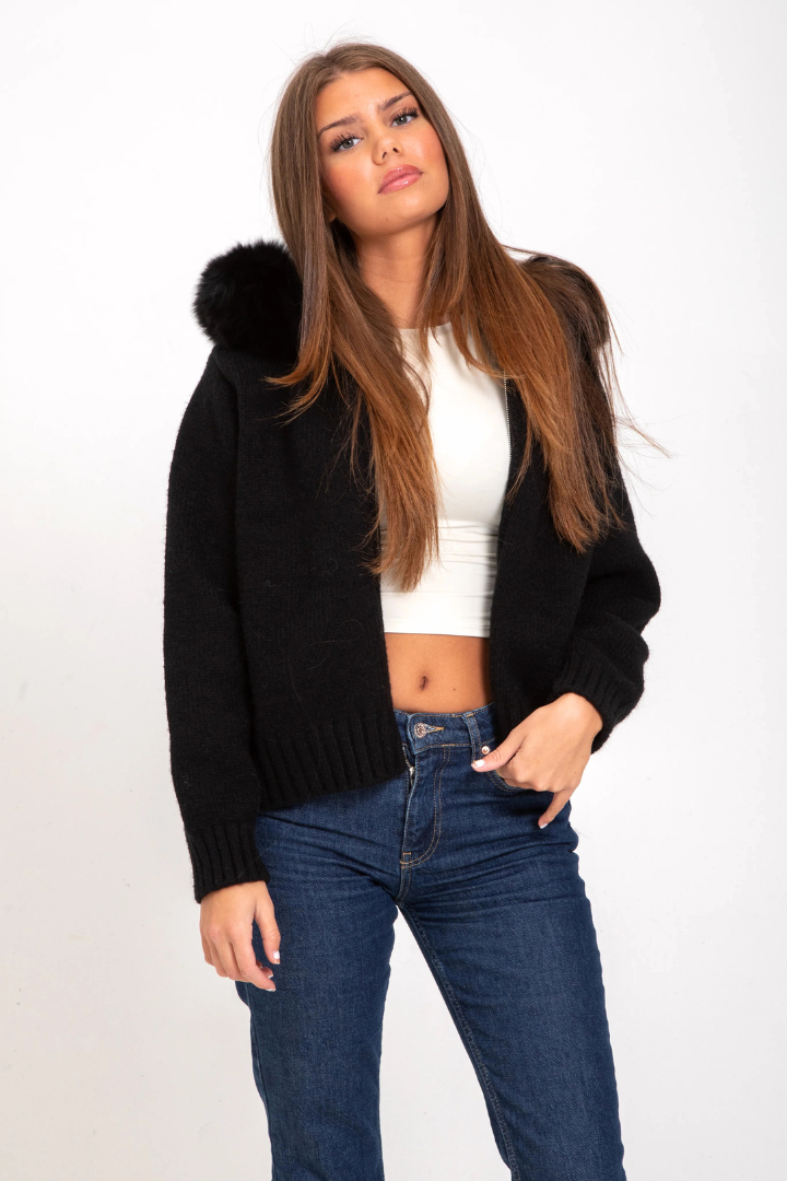 Margo & Main – black knit bomber jacket worn open over a white tee, US women's sizes