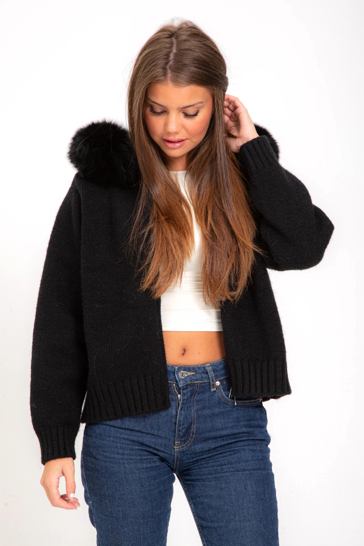 Margo & Main – black knit bomber jacket faux fur hood and collar close-up, US women's sizes