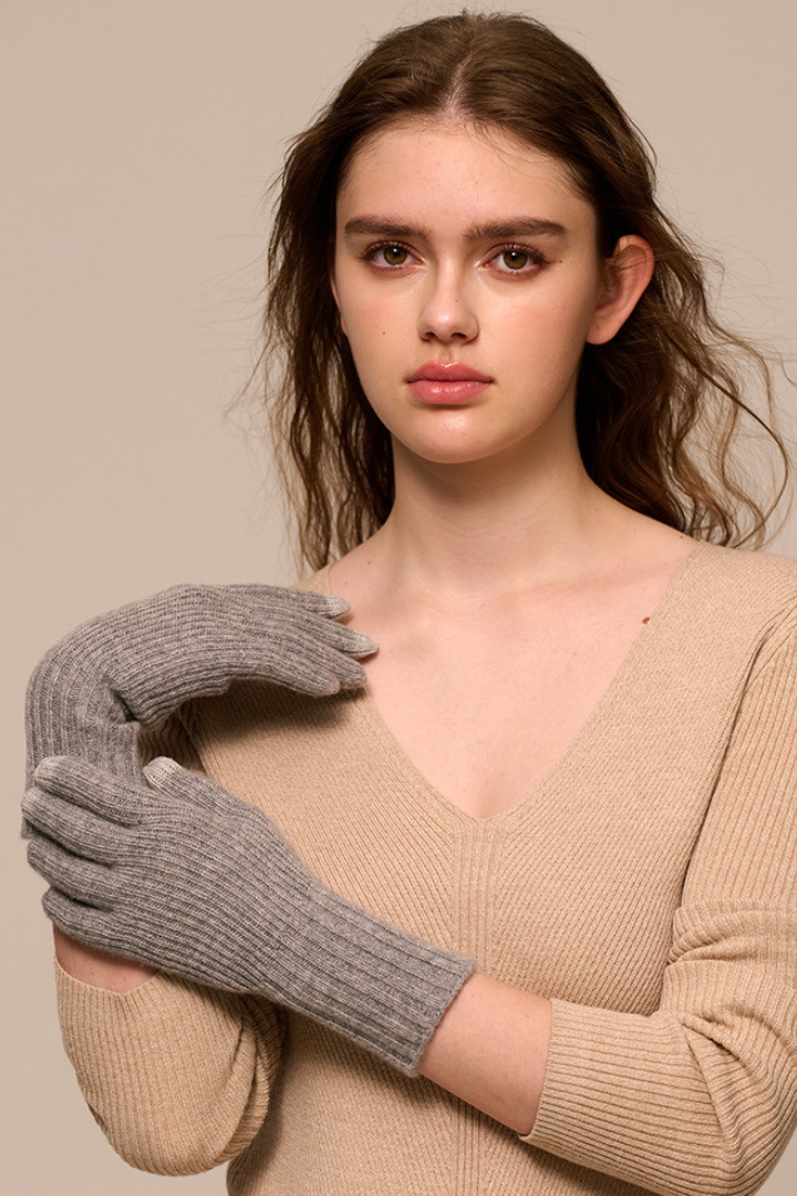 Margo & Main - gray cashmere gloves worn crossed to show the ribbed cuff length, one size