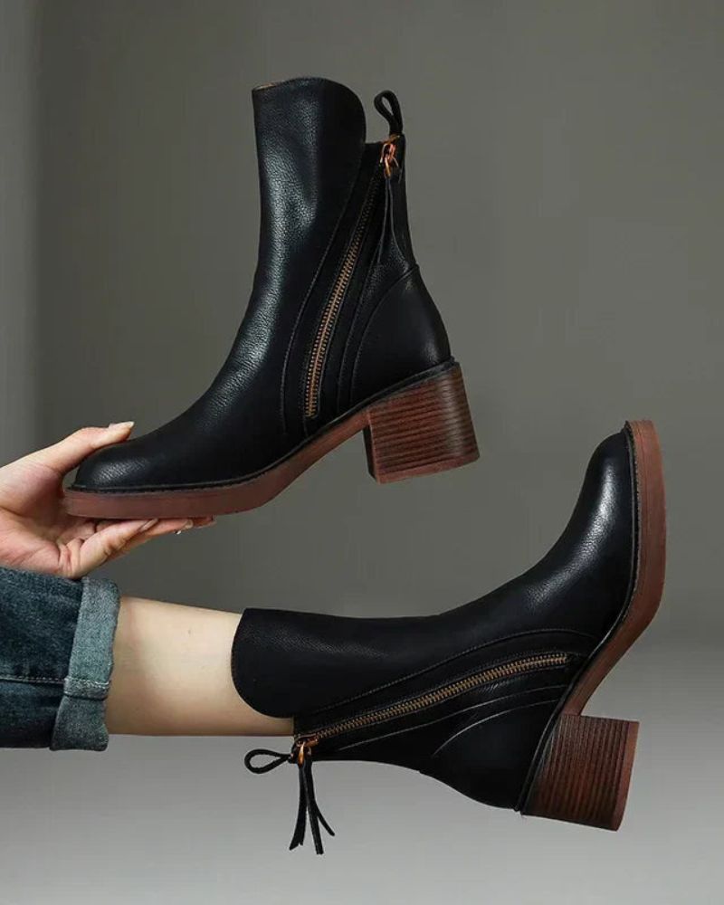 Margo & Main – black side zip stacked heel ankle boots pair front view, US women's sizes