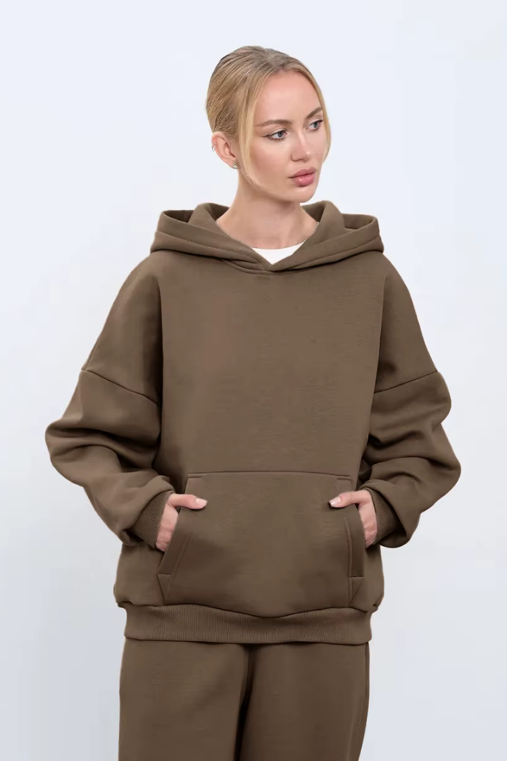 Margo & Main – cotton oversized hooded fleece sweatshirt, worn view, US women's sizes