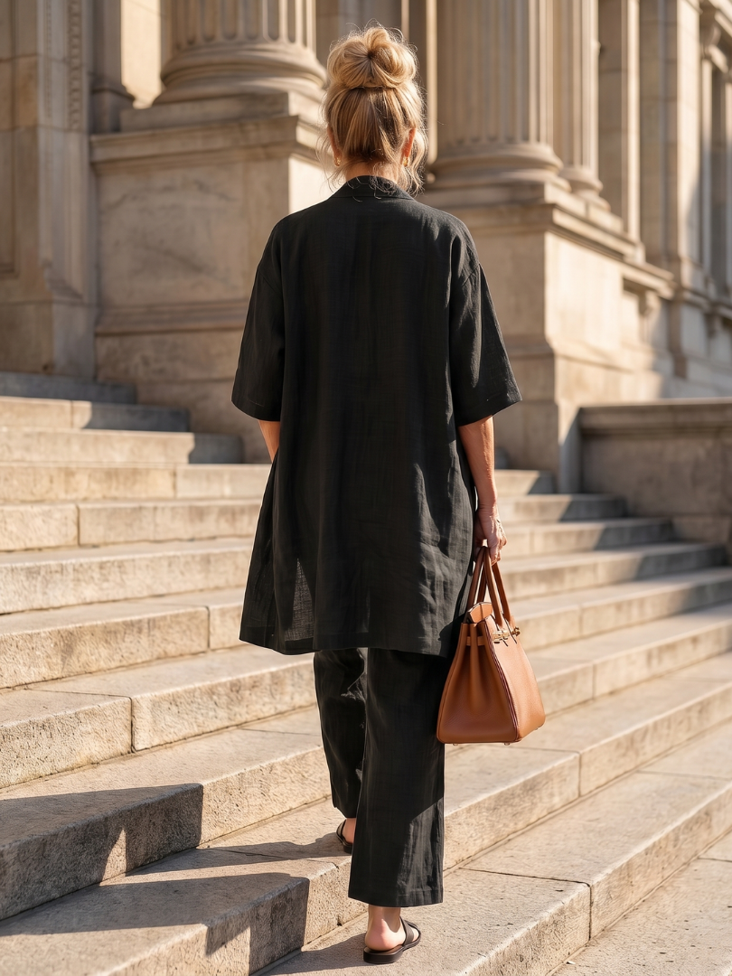 Margo & Main – Yael black three-piece duster pant set, full back view, US women's sizes
