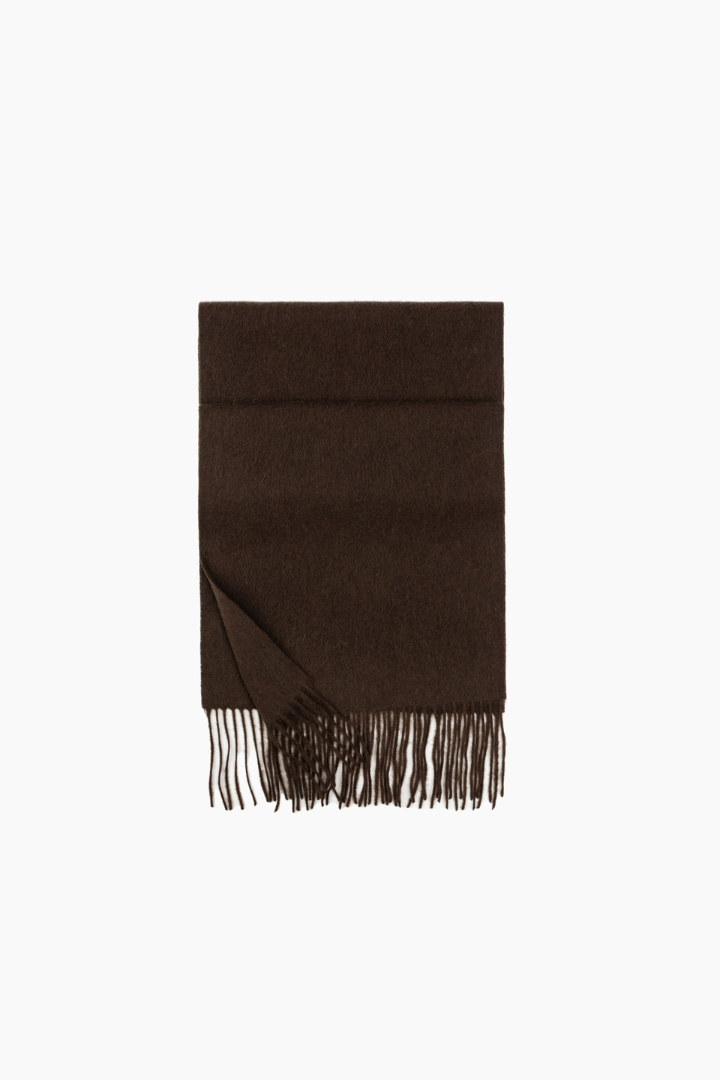 Margo & Main - chocolate brown lamb wool scarf folded flat with brushed fringe, one size