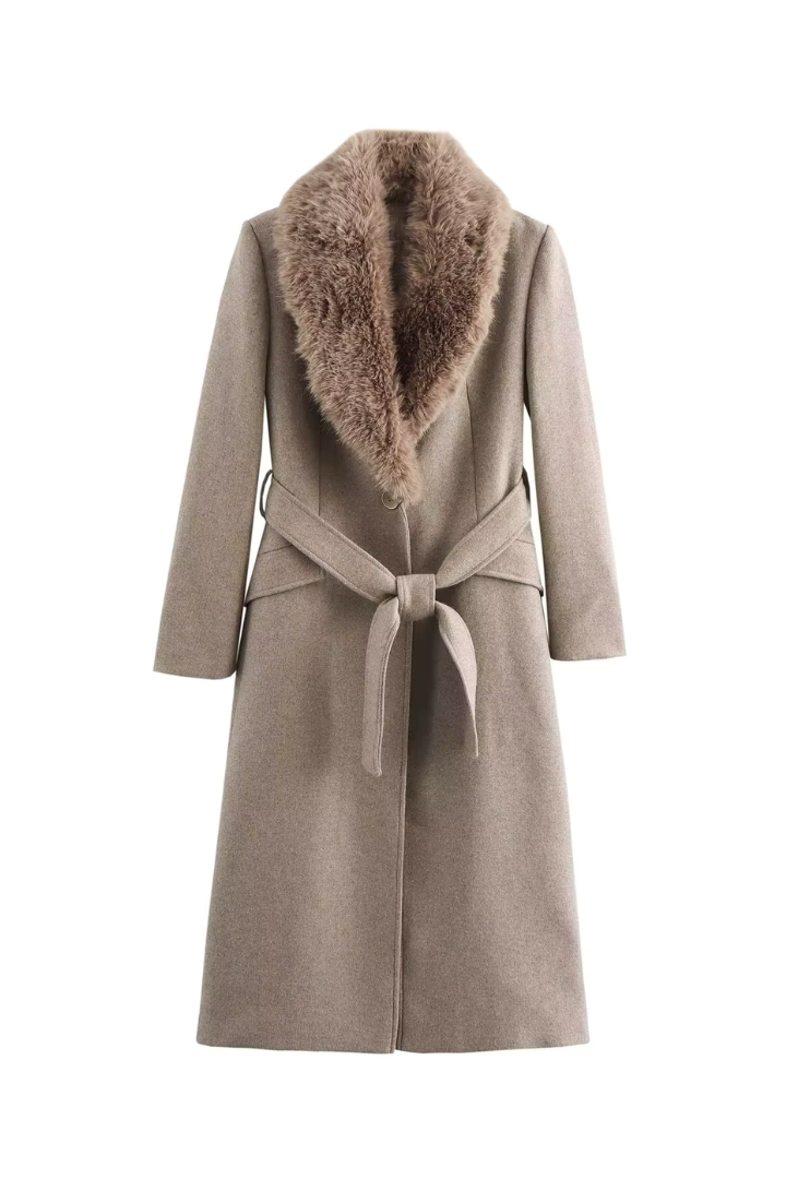Margo & Main – Lidia taupe faux fur collar belted wool coat, flat product shot front with belt tied, US women's sizes