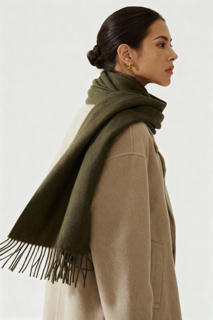 Margo & Main - olive green lamb wool scarf, side view showing the long fringed end, one size