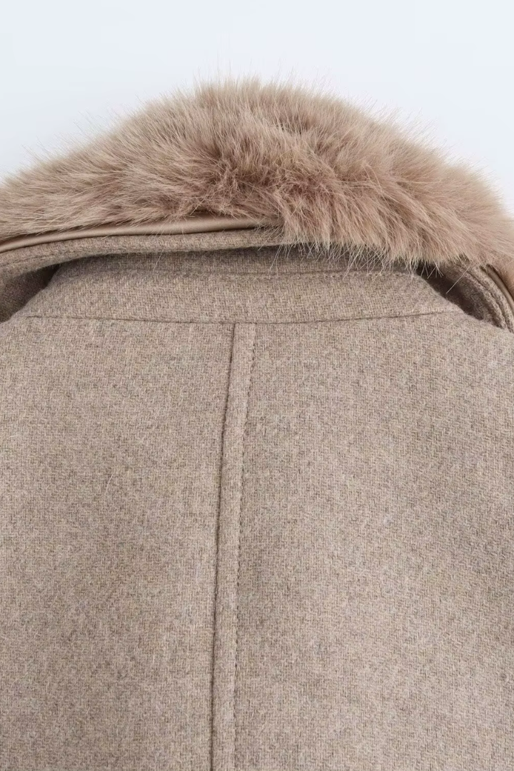 Margo & Main – Lidia taupe belted wool coat, close-up of folded back collar and faux fur trim, US women's sizes
