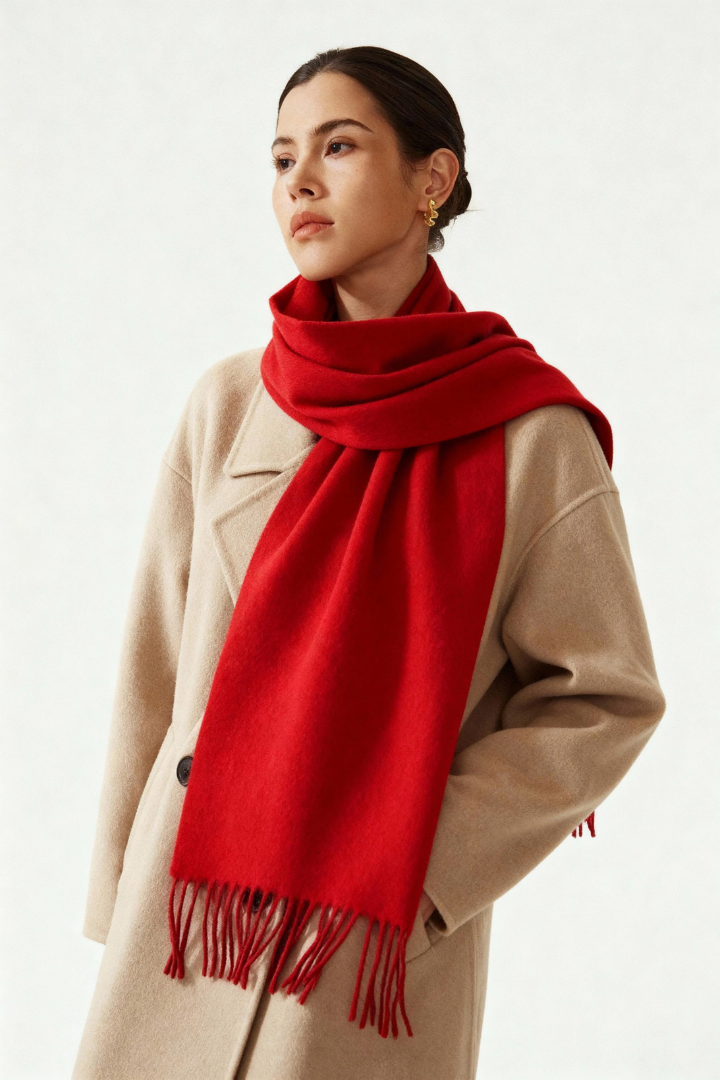 Margo & Main - red lamb wool scarf for women worn long and open, front view, one size