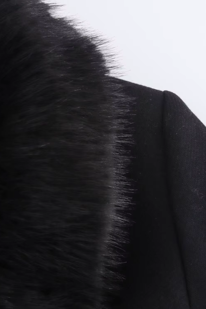 Margo & Main – Lidia black belted wool coat, close-up of black faux fur collar edge, US women's sizes