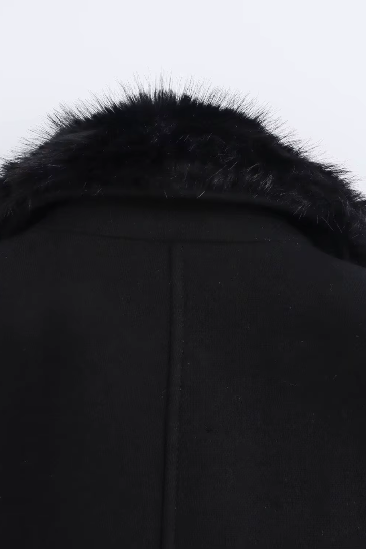Margo & Main – Lidia black belted wool coat, close-up of back collar and centre seam, US women's sizes