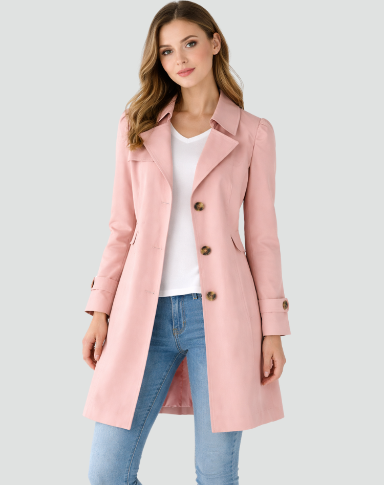 Margo & Main - pink trench coat, knee length hem and button front, US women's sizes