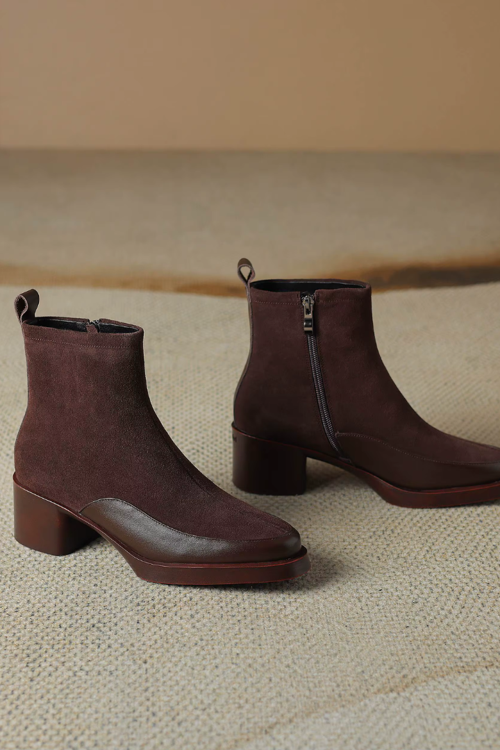Margo & Main – suede block heel ankle boots, full length view, US women's sizes
