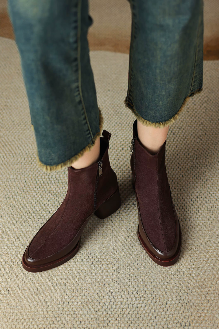 Margo & Main – suede block heel ankle boots, fabric detail, US women's sizes