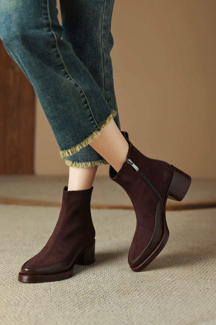 Margo & Main – suede block heel ankle boots, styled view, US women's sizes