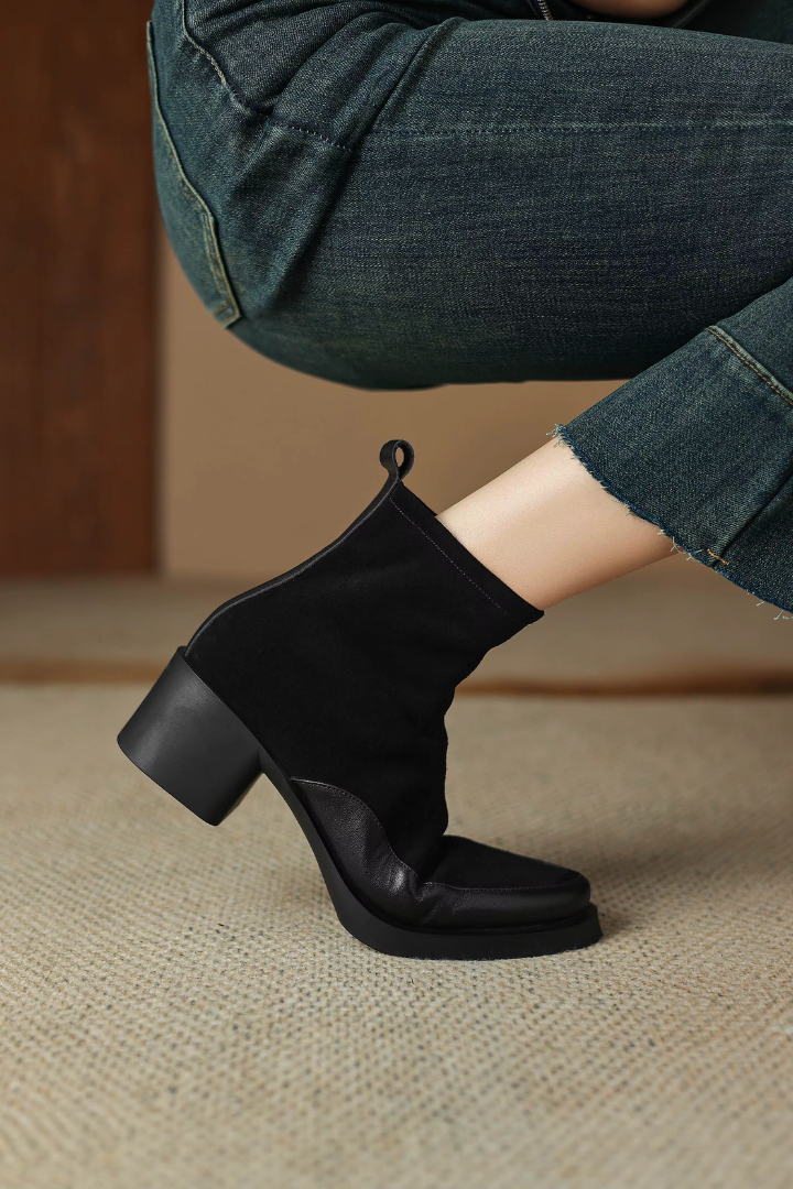 Margo & Main - black suede block heel ankle boots, on-foot side view close-up, US women's sizes