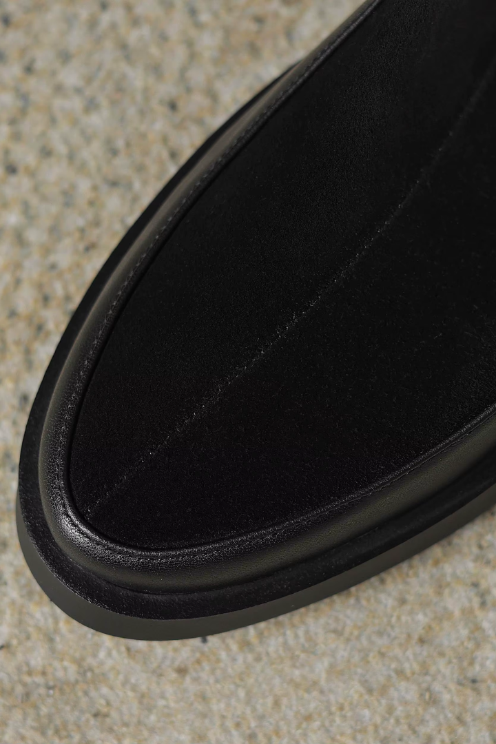 Margo & Main - black suede block heel ankle boots, sole and outsole close-up, US women's sizes