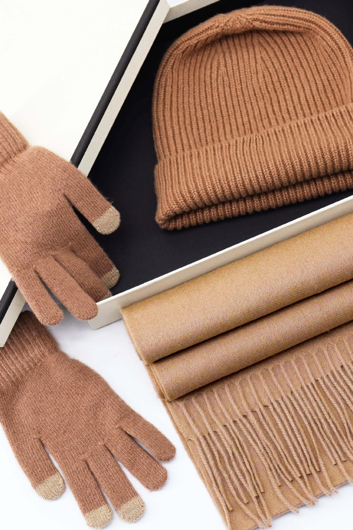 Margo & Main - tan wool gift set with fringed scarf, beanie and touchscreen gloves, one size