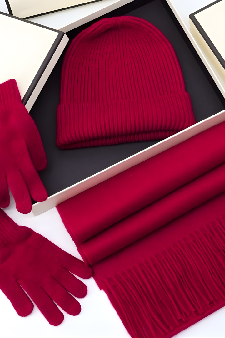 Margo & Main - burgundy wool gift set with scarf, rib-knit beanie and gloves boxed, one size
