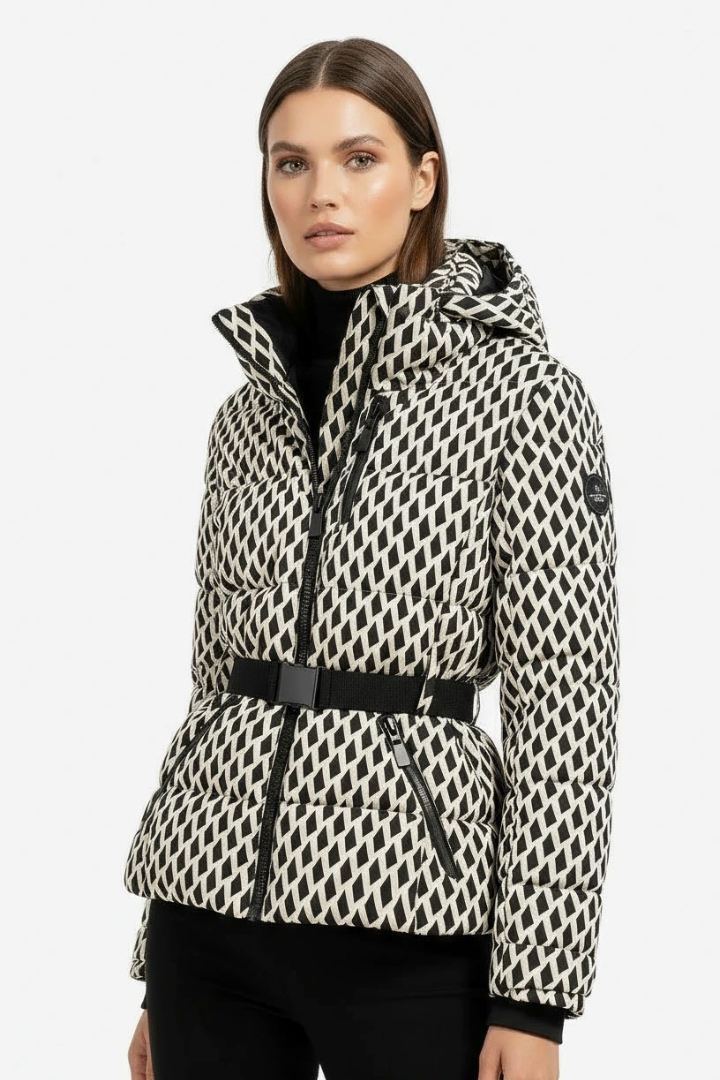 Margo & Main – black and cream belted hooded quilted puffer jacket sleeve detail, US women's sizes