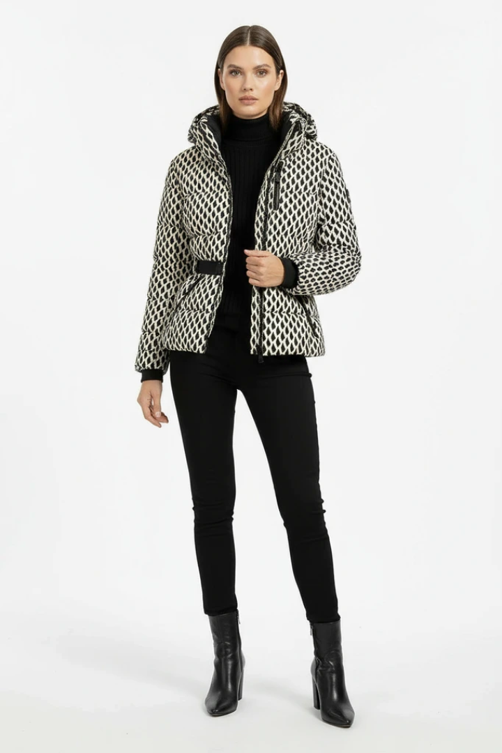 Margo & Main – black and cream belted hooded quilted puffer jacket back view, US women's sizes