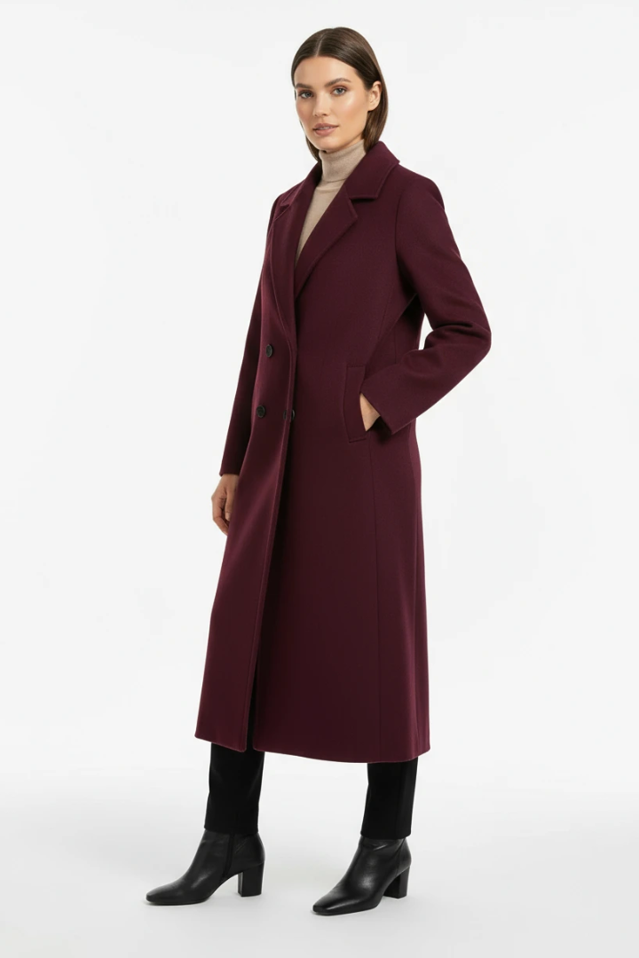 Margo & Main – burgundy double-breasted longline wool coat back view, US women's sizes