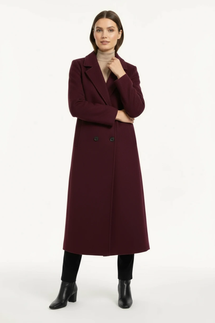 Margo & Main – burgundy double-breasted longline wool coat fabric texture detail, US women's sizes