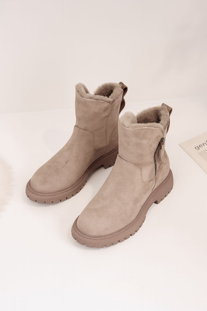 Margo & Main – tan fleece-lined suede ankle boots upper and strap detail, US women's sizes