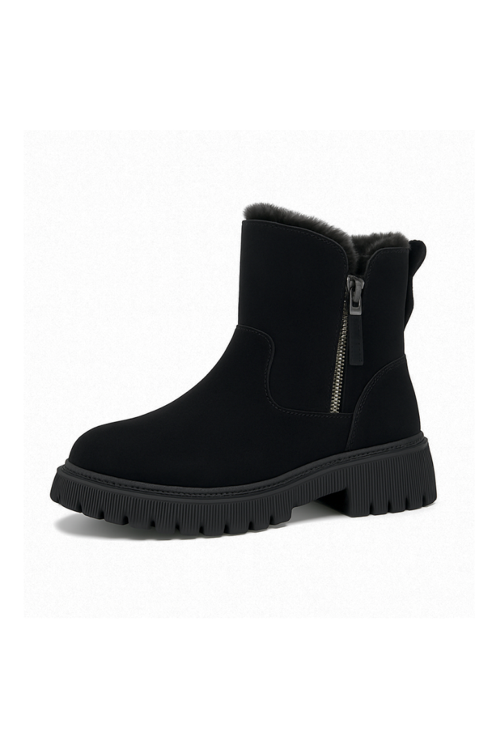 Margo & Main – black fleece-lined suede ankle boots worn styled view, US women's sizes