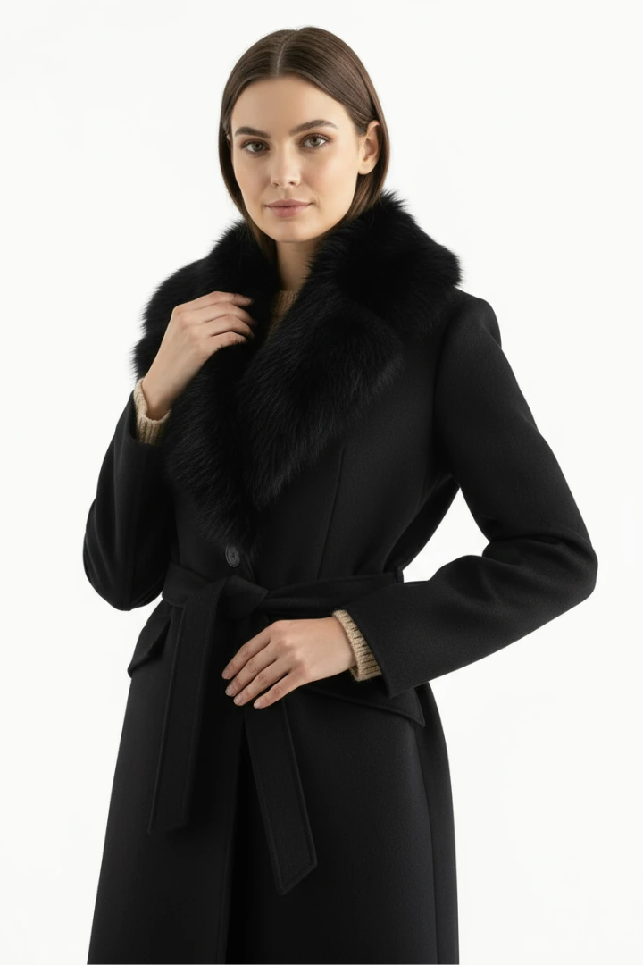 Margo & Main – black belted wool coat with faux fur collar back view, US women's sizes