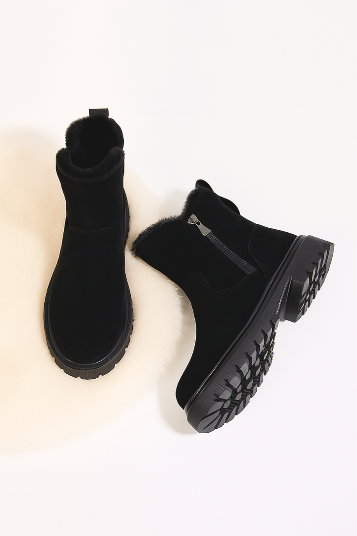 Margo & Main – fleece-lined suede ankle boots, full length view, US women's sizes
