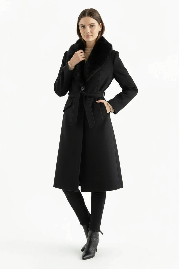 Margo & Main – black belted wool coat with faux fur collar front view, US women's sizes