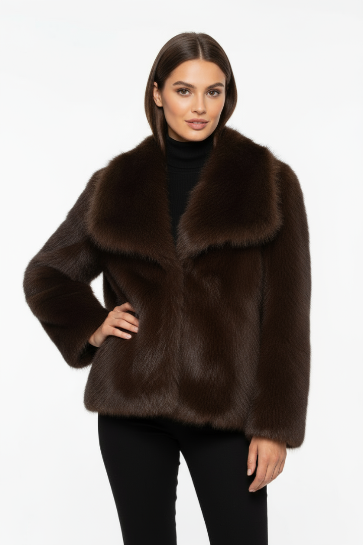 Margo & Main - chocolate brown faux fur short coat, faux fur pile texture close-up, US women's sizes