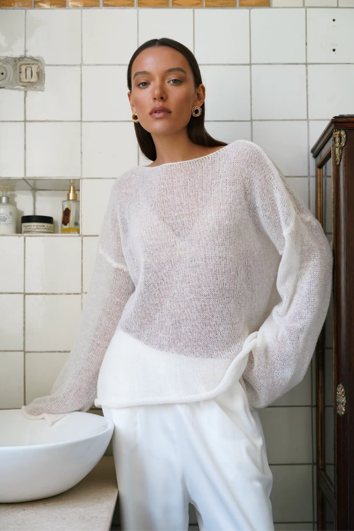Margo & Main – cream sheer open-knit boat neck sweater relaxed front view, US women's sizes