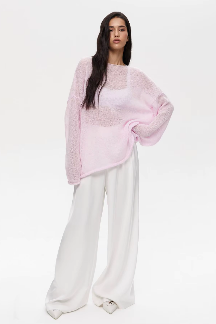 Margo & Main – sheer open-knit boat neck sweater, styled view, US women's sizes