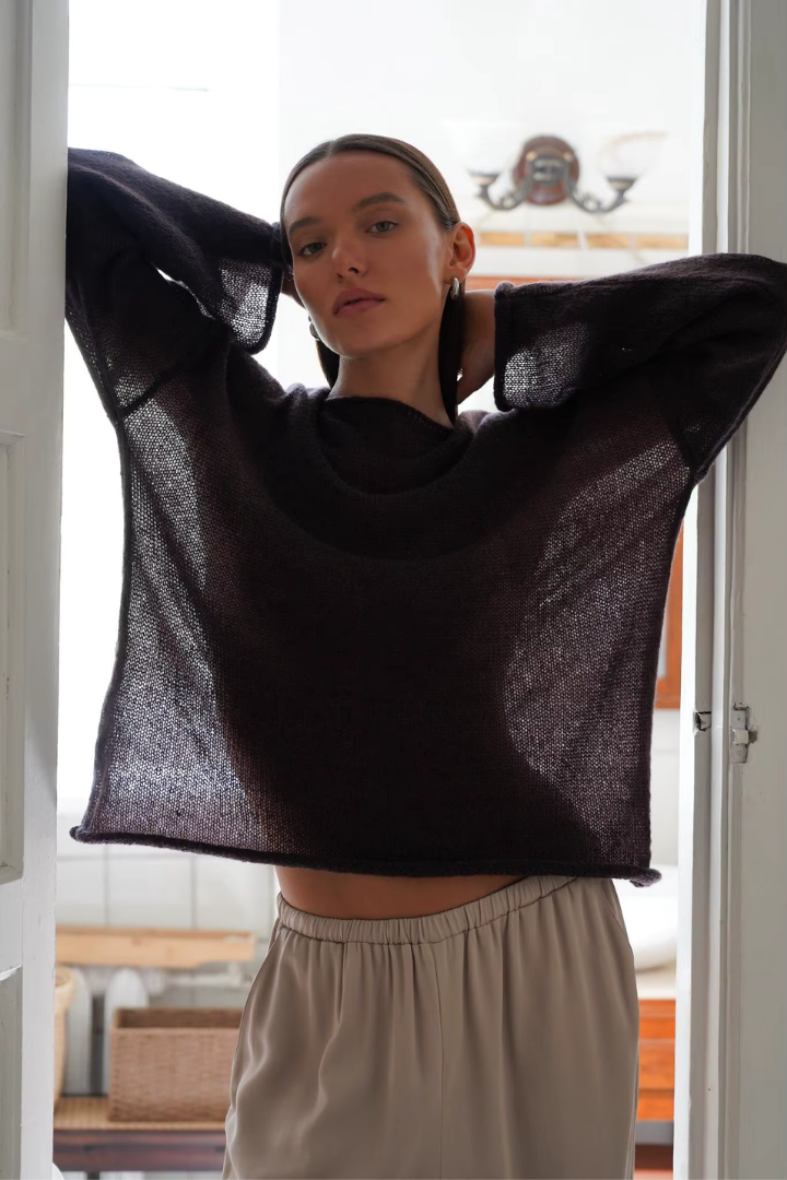 Margo & Main – sheer open-knit boat neck sweater, fabric detail, US women's sizes