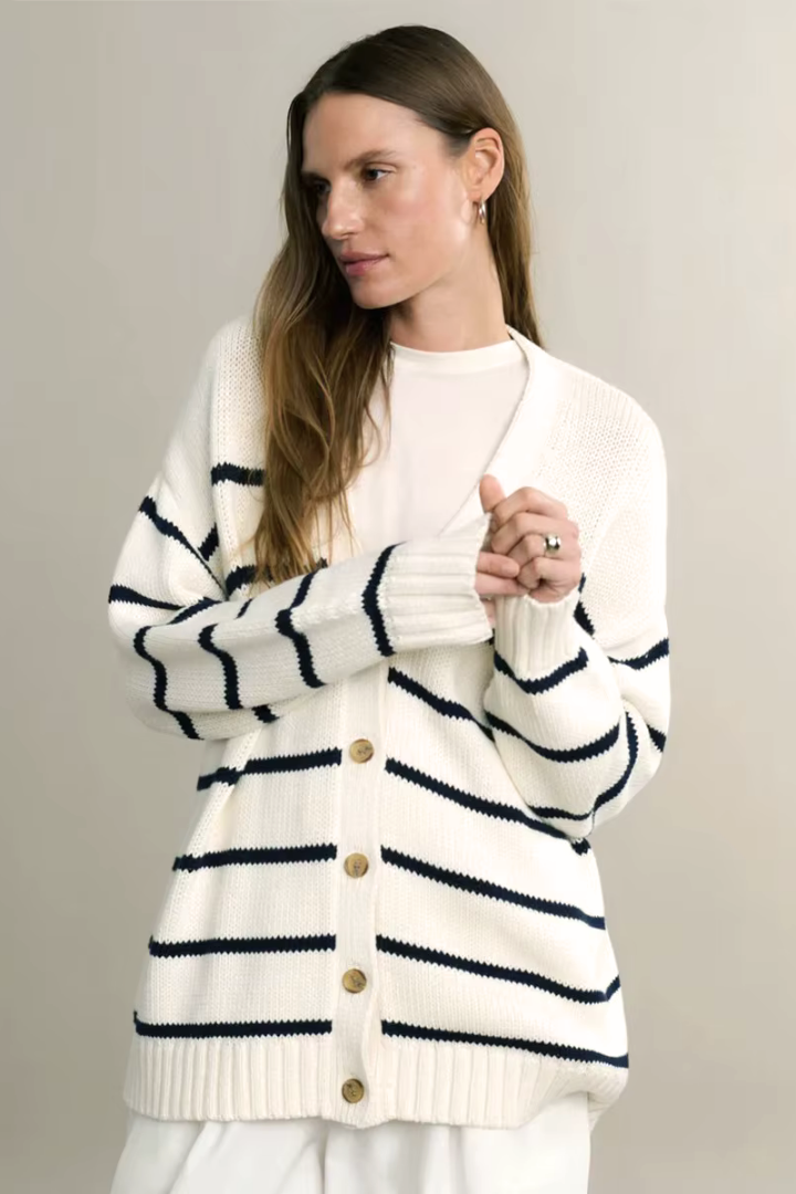 Margo & Main – cream and navy striped button-front cardigan angled front view, US women's sizes