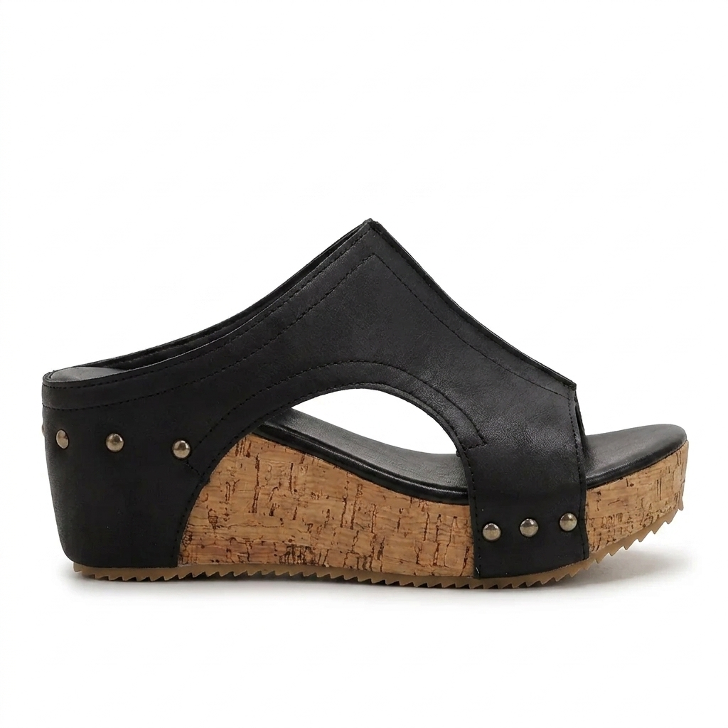 Margo & Main - black cork wedge slide sandals vamp and stud detail, US women's sizes