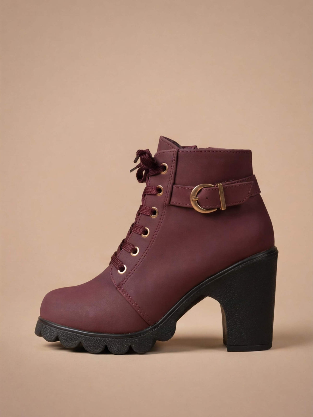 Margo & Main – Burgundy lace-up lug sole ankle boots side profile, US women's sizes