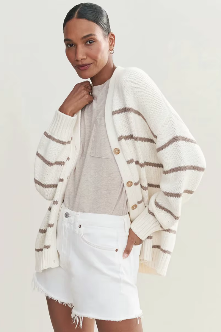 Margo & Main – striped button-front knit cardigan, angled view, US women's sizes
