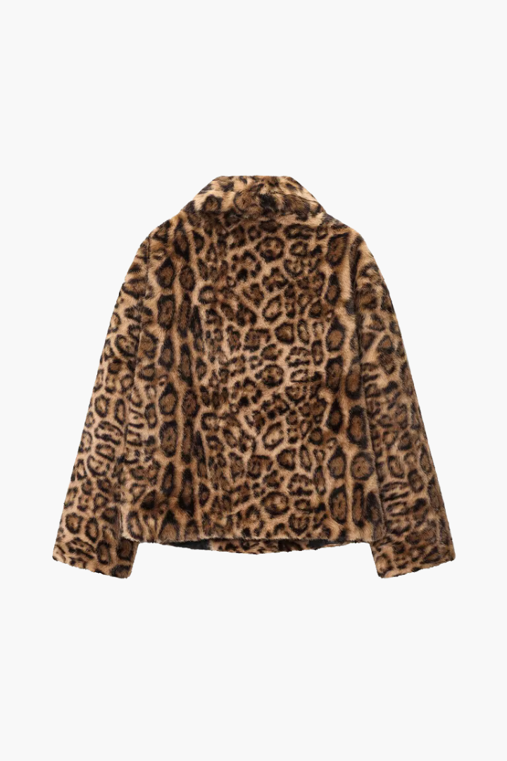 Margo & Main – Ebba leopard print faux fur wide collar short coat, flat product shot back, US women's sizes
